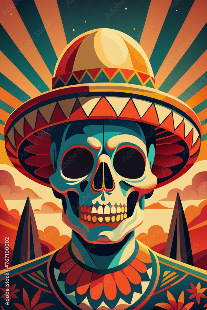 Mexican poster with sugar skull and sombrero for festival dia de los muertos. Mexico background, festive backdrop. Mexican fiesta skeleton illustration with traditional clothing and sombrero Mexican poster with sugar skull and sombrero for festival dia de los muertos. Mexico background, festive backdrop. Mexican fiesta skeleton illustration with traditional clothing and sombrero