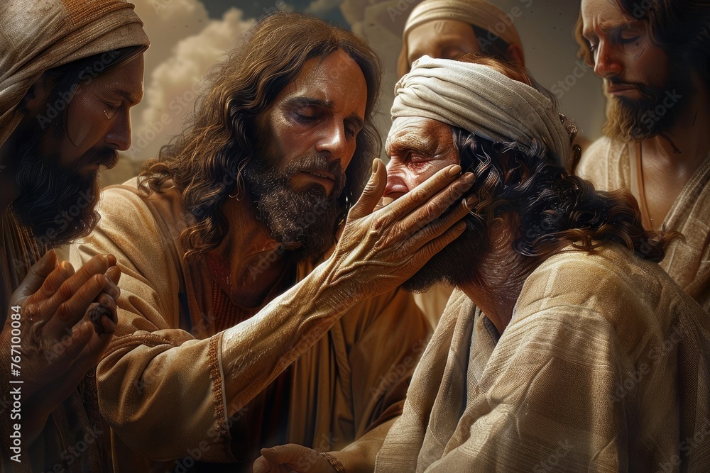 Portrait of Jesus healing the blind man in jerusalem: capturing the compassionate miracle of sight restoration, depicting a profound moment of faith and divine intervention in biblical narrative - obrazy, fototapety, plakaty 