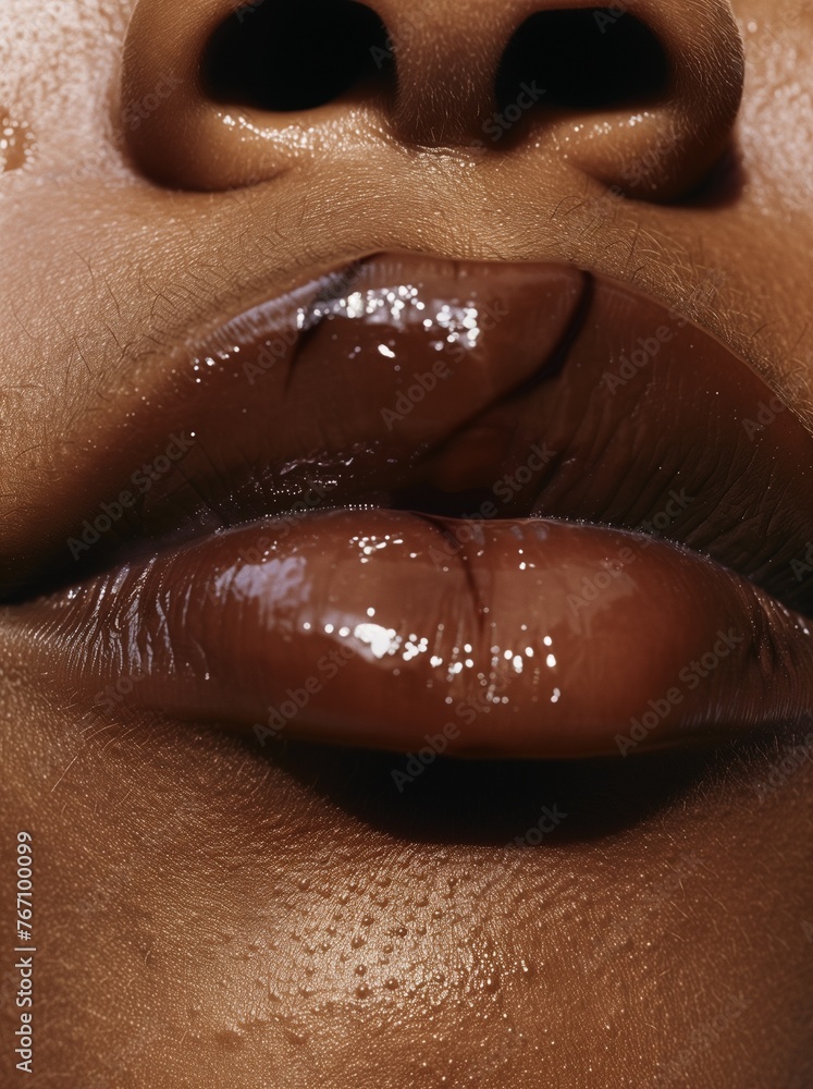Fototapeta premium close up of lips, front view portrait, navel and collarbone, a woman's mouth closeup, skin texture, natural light