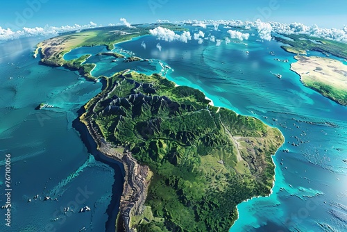 Satellite view of South America with Amazon rainforest and Andes mountains, 3D illustration