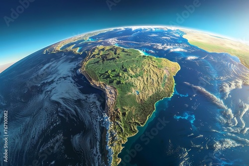Satellite view of South America with Amazon rainforest and Andes mountains, 3D illustration photo