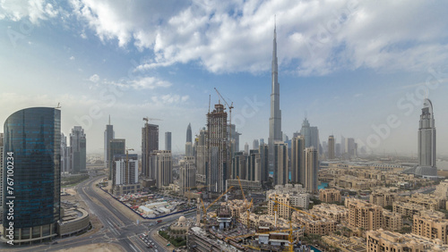 Beautiful luxury Dubai downtown aerial top view all day timelapse, Dubai, United Arab Emirates