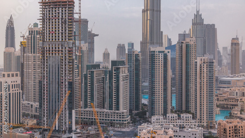 Downtown Dubai skyline with residential towers timelapse, view from rooftop.