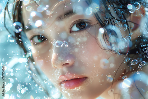 Beautiful Japanese girl, in the sea of ​​bubbles, delicate skin texture, Generative AI