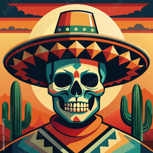 Mexican poster with sugar skull and sombrero for festival dia de los muertos. Mexico background, festive backdrop. Skull wearing a sombrero, encapsulating the spirit