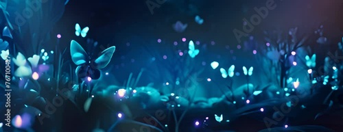 Dreamy iridescent blue flowers. Bioluminescent garden and butterflies. Abstract floral background wallpaper 4K Video photo