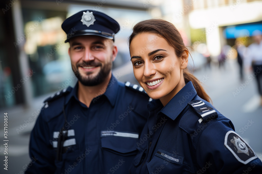 Fototapeta premium Fictional person Police man woman made with Ai generative technology serious face expression