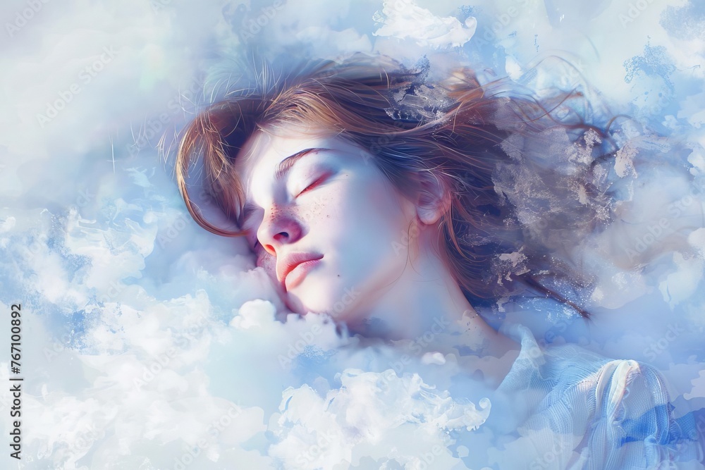 Serene woman peacefully sleeping on fluffy white cloud, dreamy digital painting Serene woman peacefully sleeping on fluffy white cloud, dreamy digital painting