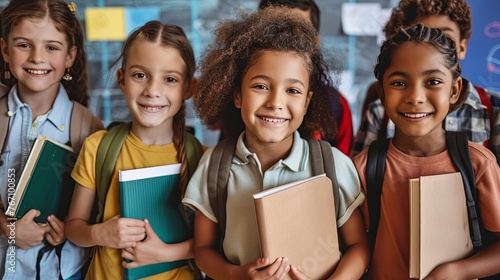 Happy young university students studying with books in library. Portrait group of multiracial people in college library. smiling diverse school children standing posing in classroom holding notebooks