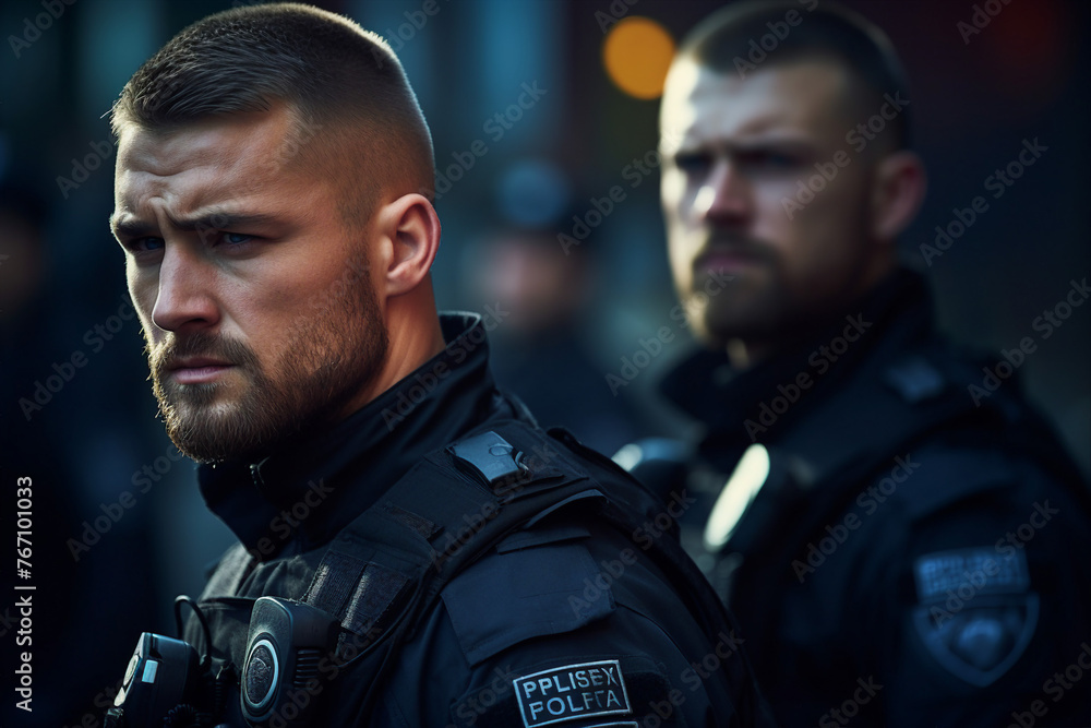 Fictional person Police man woman made with Ai generative technology serious face expression Fictional person Police man woman made with Ai generative technology serious face expression