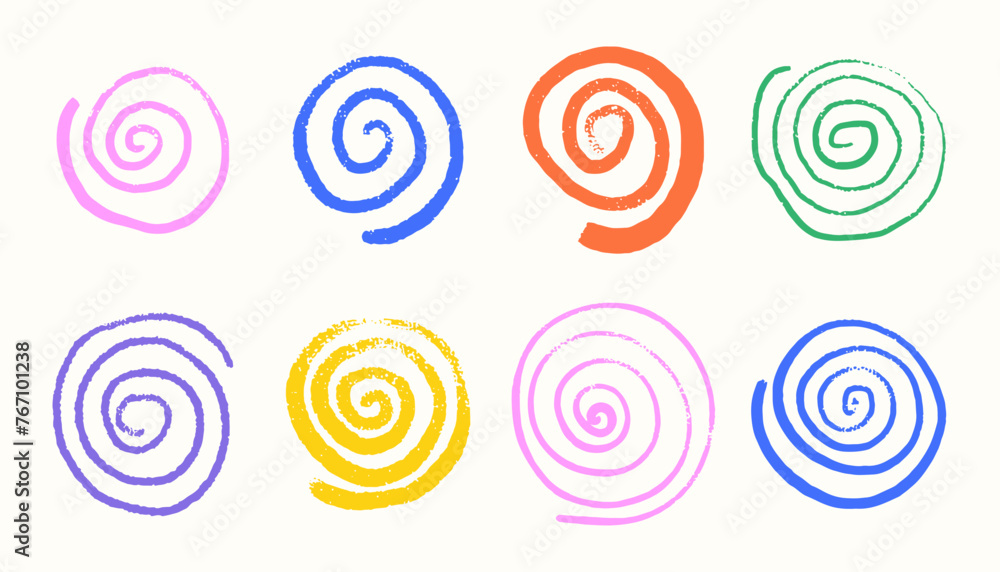 Hand drawn spiral and swirl motion elements set. Colorful circular shapes with grunge dry texture. Doodle drawing color vector illustration Hand drawn spiral and swirl motion elements set. Colorful circular shapes with grunge dry texture. Doodle drawing color vector illustration