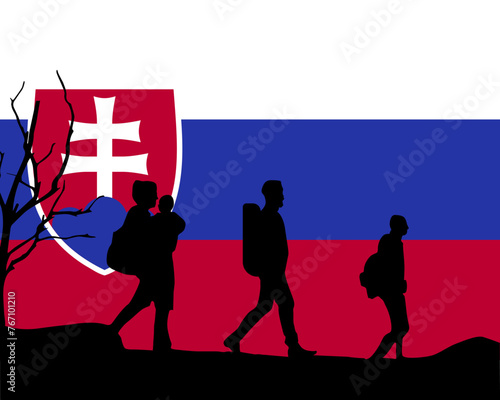 Immigration and refugees front of Slovakia flag, immigrant and refugee concept