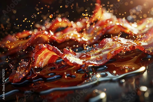 Sizzling Bacon Strips with Glistening Drops of Grease, Dynamic Food Splash Captured with Innovative Technology, Mouthwatering Breakfast Treat Digital Illustration