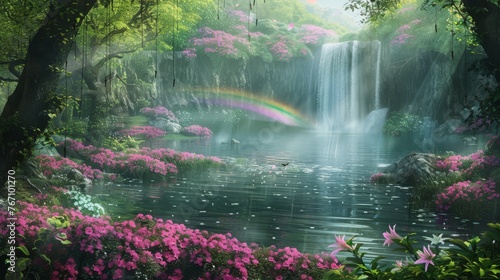 Enchanting fantasy landscape with cherry blossoms, a waterfall, and a rainbow over tranquil water, perfect for mystical and nature themes.