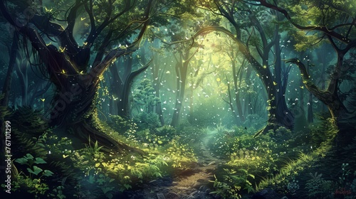 Enchanted forest path with vibrant flowers and trees, mystical atmosphere, ideal for fantasy and nature illustrations.
