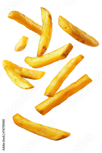 Falling french fries, potato fry isolated on white background, clipping path