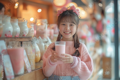 Petite fille asiatique avec un verre de milkshake, boisson dans les mains dans une boutique. Little Asian girl with a glass of milkshake, drink in hand, in a boutique. photo