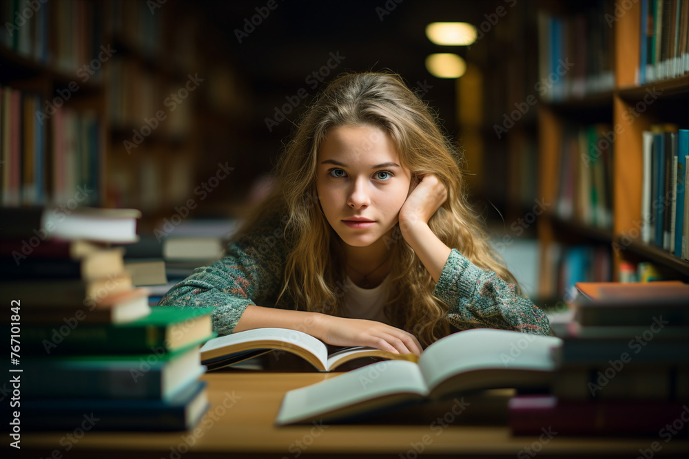 AI generated photo of young student preparing for an exam studying literature in library AI generated photo of young student preparing for an exam studying literature in library