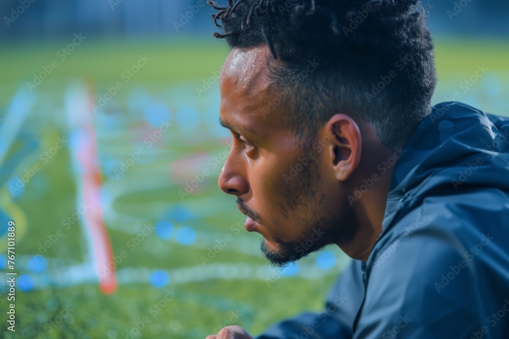 side view of focused player analyzing tactical drawing side view of focused player analyzing tactical drawing
