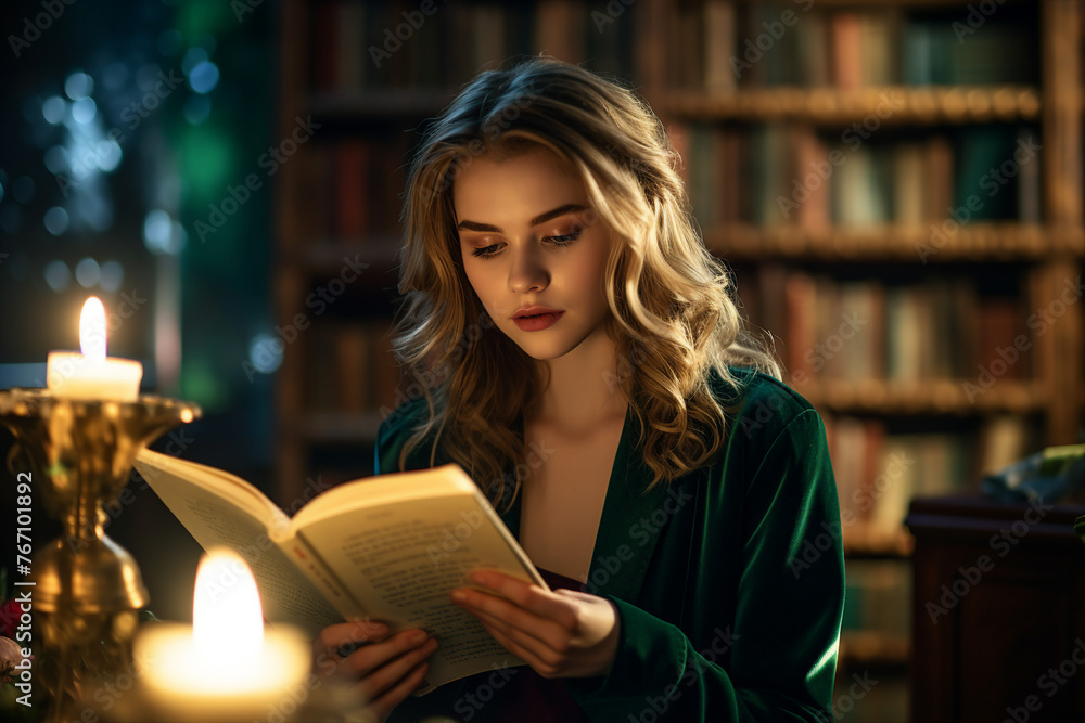 Created with generative AI photo of young charming girl preparing for an exam reading literature in library Created with generative AI photo of young charming girl preparing for an exam reading literature in library