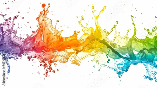 Rainbow colored water drops splashes, colorful liquid fluid, long banner, isolated on white background Abstract background banner with colorful pink, purple, orange and yellow .Festival of colors