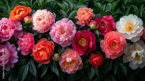 Various colored garden roses and flowering plants are growing in the garden