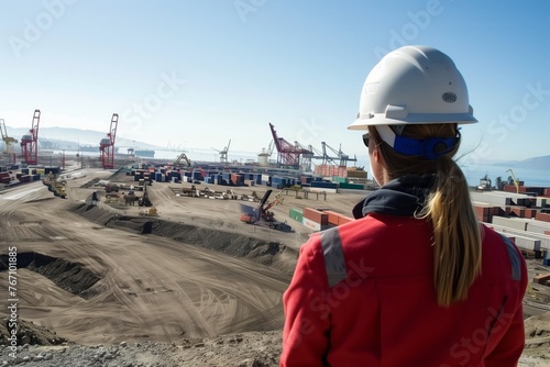 person in hard hat surveying port expansion area © studioworkstock