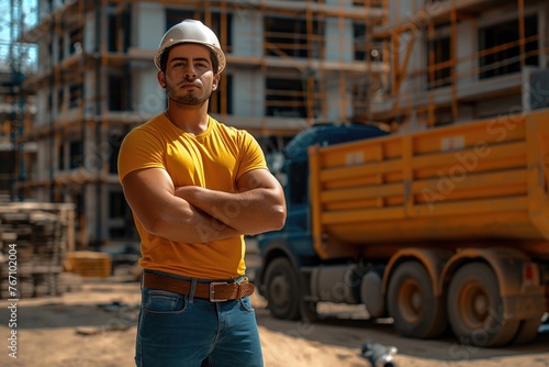 Homme travailleur musclé, ouvrier sur un chantier avec un immeuble en construction. Muscular, hard-working man on a building site.