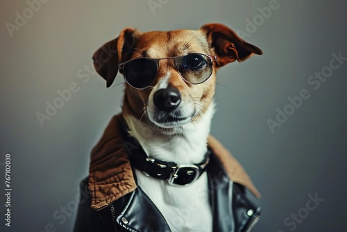 Stylish Dog Wearing a Leather Jacket and Sunglasses in a Cool Portrait  AI Generated