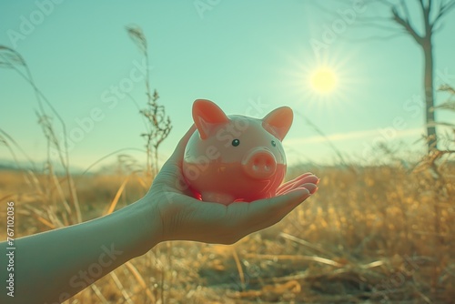 Tirelire cochon dans une main sous un bon soleil extérieur. Piggy bank in one hand under a nice outdoor sun. © Jerome Mettling