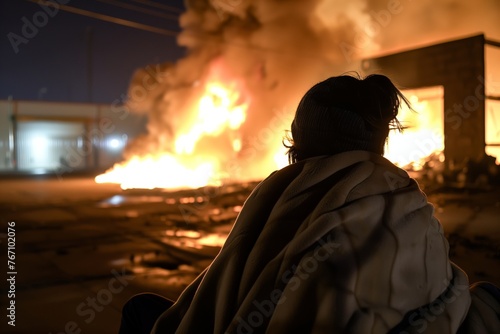person draped in blanket watching their warehouse burn