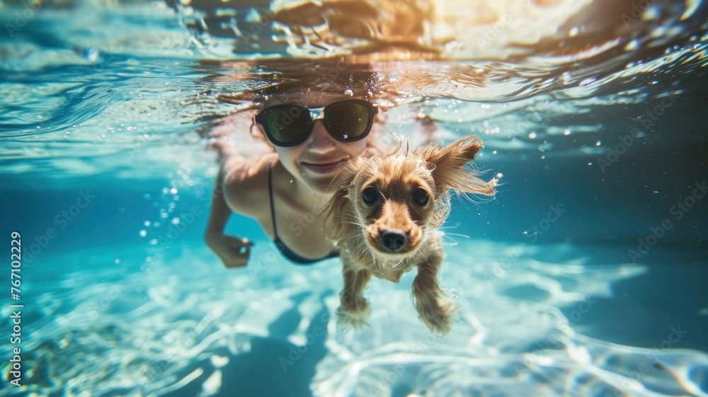 Happy woman and little dog swimming underwater in pool, summer, happy, lifestyles, vacation, holiday, healthy, active, joy, happiness, recreation, enjoyment - obrazy, fototapety, plakaty 
