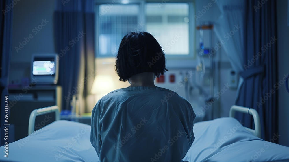 rare view woman patient on bed rare view woman patient on bed