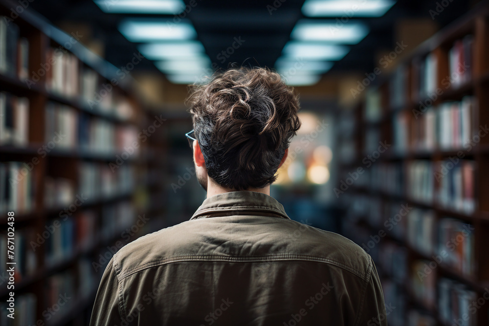 Generated with AI photo of young handsome elegant man standing in large library among bookshelves Generated with AI photo of young handsome elegant man standing in large library among bookshelves