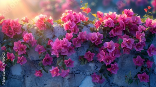 Pink flowers bloom on a stone wall in a natural landscape