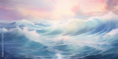 A dynamic gradient waves artwork, with hues shifting from azure to deep navy, capturing the energy and movement of waves crashing against the shoreline during a storm.