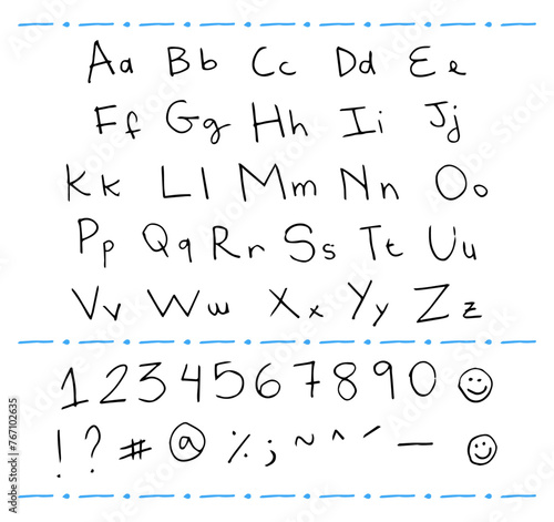 Alphabet, from a to z, hand-drawn with a marker pen, felt-tip pen, in vector, isolated on a white background, upper and lower case letters, with numbers and symbols. Complete set, entire font.