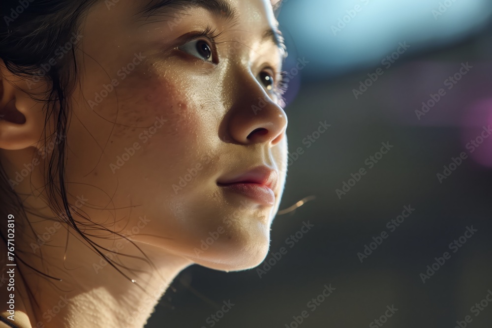 close focus on ballerinas face, intense concentration, midperformance close focus on ballerinas face, intense concentration, midperformance