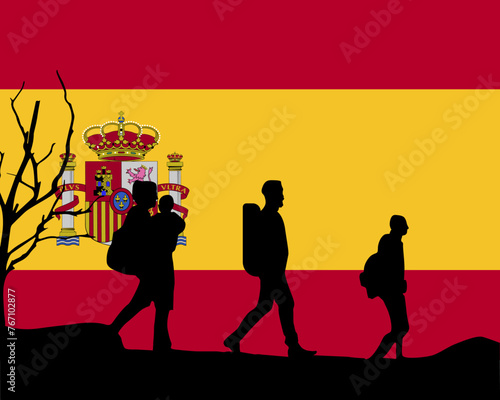 Immigration and refugees front of Spain flag, immigrant and refugee concept