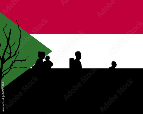 Immigration and refugees front of Sudan flag, immigrant and refugee concept
