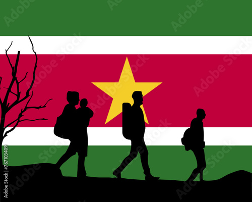 Immigration and refugees front of Suriname flag, immigrant and refugee concept