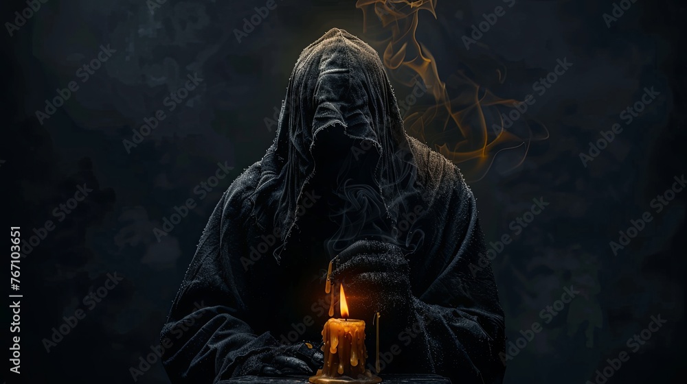Fototapeta premium Grim reaper reaching towards the camera over dark background with copy space. Scary grim reaper standing behind a melting and burning candle doing dark ceremony on haunting, Halloween event