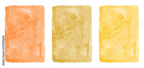 Orange, ochre, mustard yellow watercolor background set, collection. Hand drawn watercolour textures with aquarelle stains. Painted rectangle isolated vertical textured templates. Artistic uneven edge