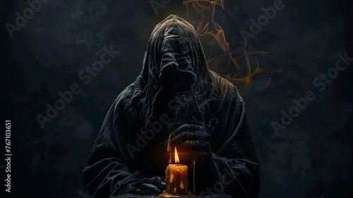 Grim reaper reaching towards the camera over dark background with copy space. Scary grim reaper standing behind a melting and burning candle doing dark ceremony on haunting, Halloween event photo