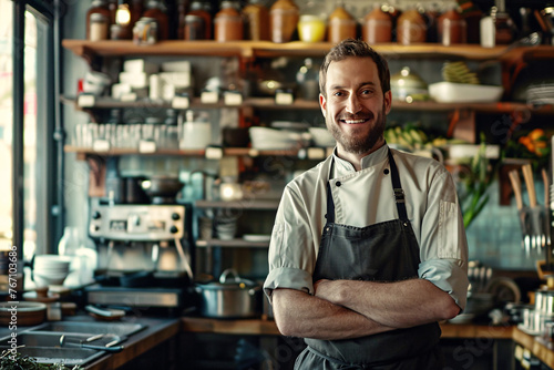 A smiling chef stands in the kitchen of a restaurant, embodying culinary expertise and passion.