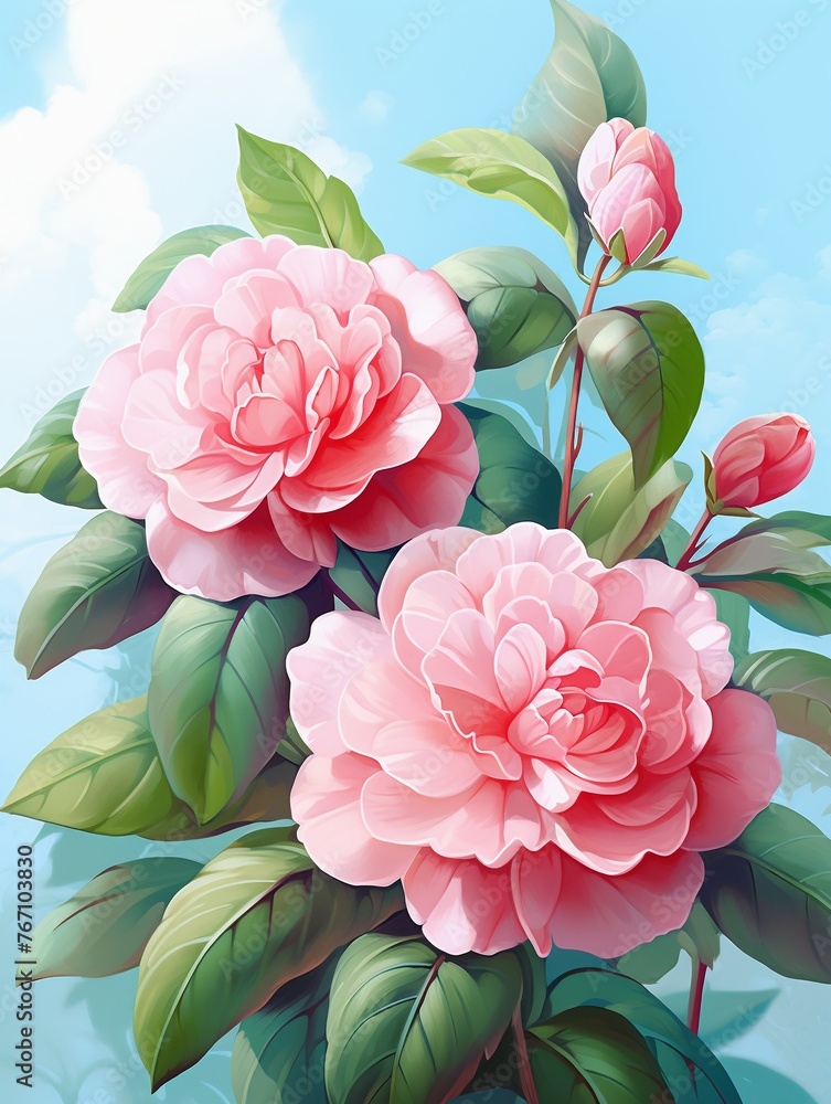 Camelliaisolated background, 3D cartoon, pastel, watercolor tone