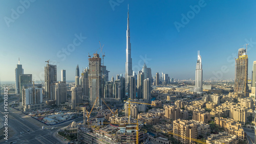 Beautiful luxury Dubai downtown aerial top view at sunset timelapse, Dubai, United Arab Emirates
