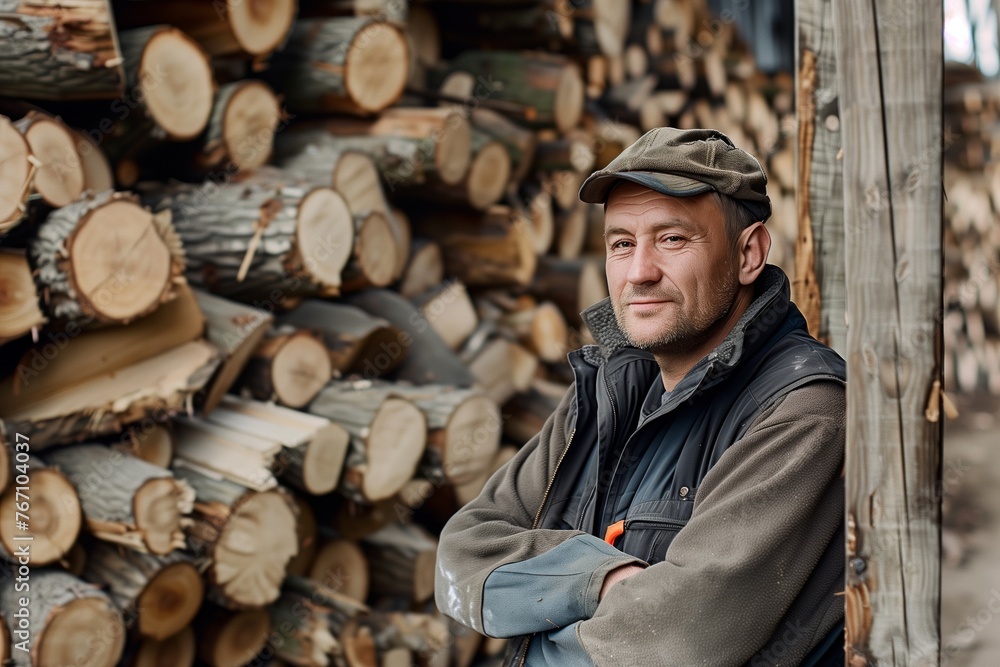 portrait of a worker leaning against a massive woodpile portrait of a worker leaning against a massive woodpile