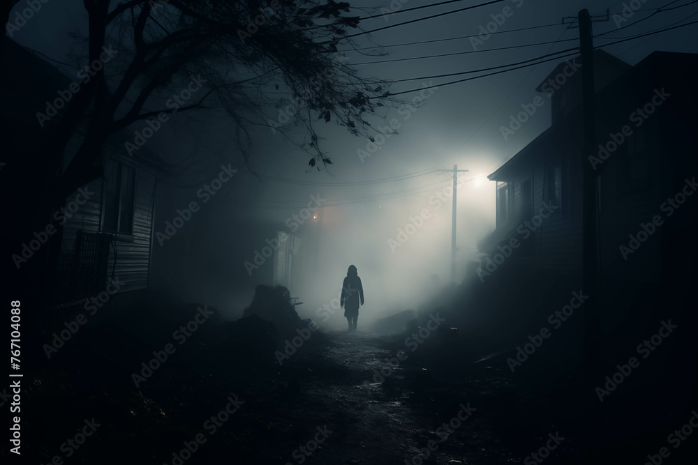 A mysterious shadow in the dense fog near a small village on the outskirts of the city.