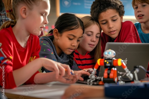 kids programming a robot together on a laptop in a classroom